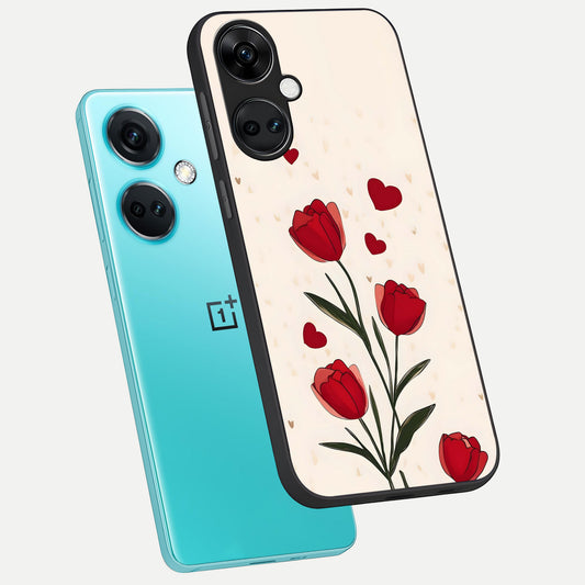 Tulip With Heart phone case For Oneplus Nord CE3 showing premium glass back cover with detailed artwork