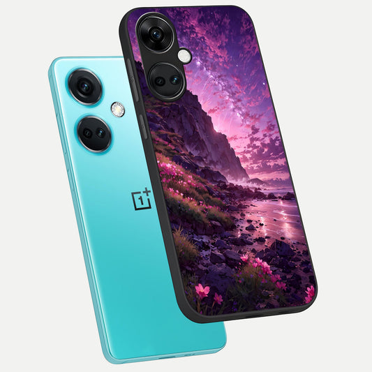 Twilight Blossom Coast phone case For Oneplus Nord CE3 showing premium glass back cover with detailed artwork