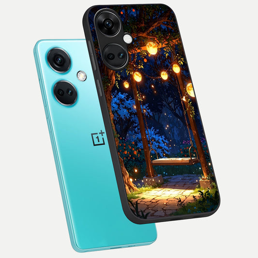 Twilight Garden Swing phone case For Oneplus Nord CE3 showing premium glass back cover with detailed artwork