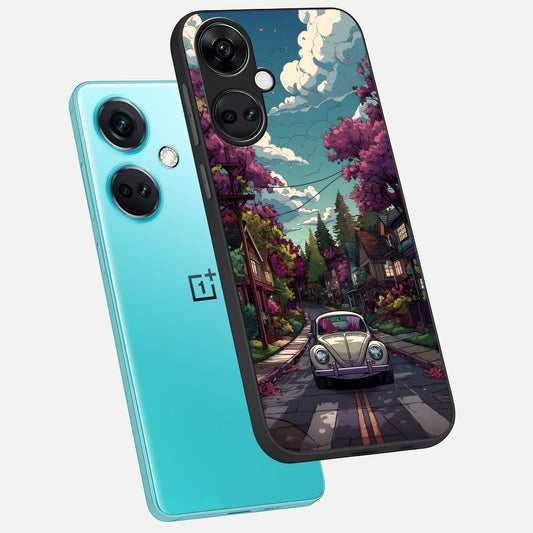 Vintage Street Drive phone case For Oneplus Nord CE3 showing premium glass back cover with detailed artwork