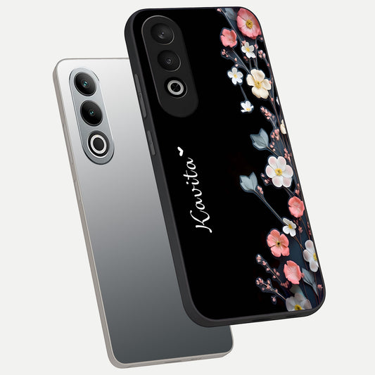 Black Elegance Floral Custom Name phone case For Oneplus Nord CE4 showing premium glass back cover with detailed artwork