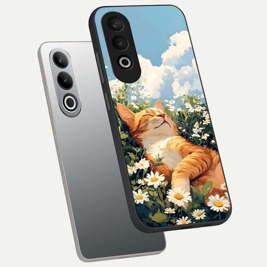 Cat And Flowers View phone case For Oneplus Nord CE4 showing premium glass back cover with detailed artwork