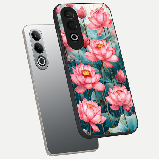 Celestial Pink Lotus phone case For Oneplus Nord CE4 showing premium glass back cover with detailed artwork