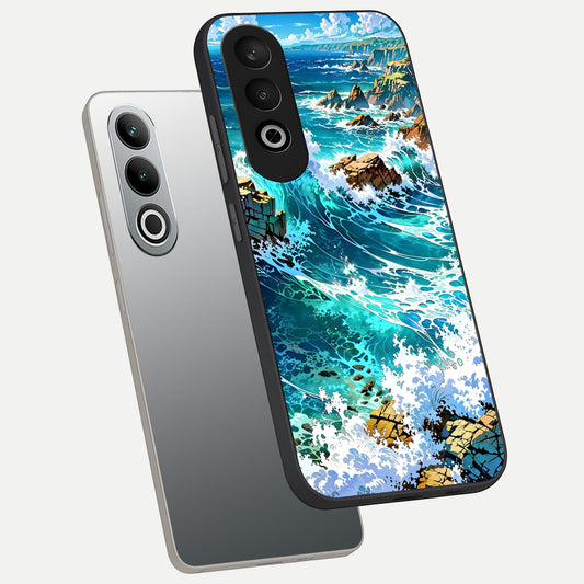 Coastal Blue Waves phone case For Oneplus Nord CE4 showing premium glass back cover with detailed artwork