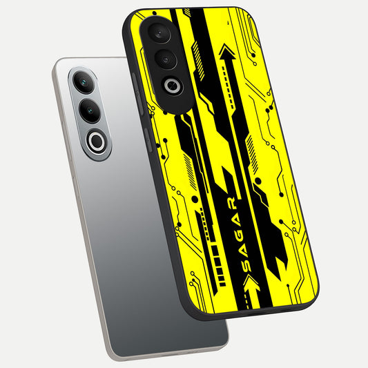 Electric Pulse CYBERPUNK Custom Name phone case For Oneplus Nord CE4 showing premium glass back cover with detailed artwork