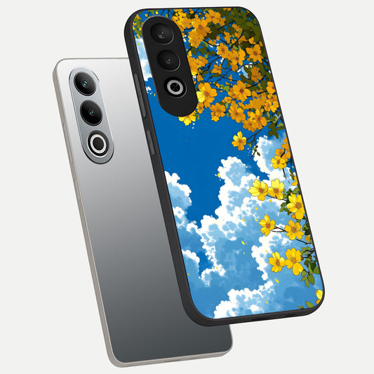 Golden Petal Sky phone case For Oneplus Nord CE4 showing premium glass back cover with detailed artwork