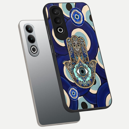 Hamsa Divine Guard phone case For Oneplus Nord CE4 showing premium glass back cover with detailed artwork