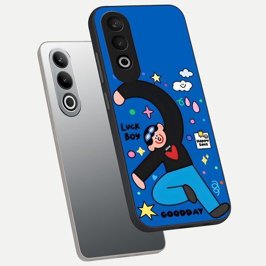 Happy Luck Vibe phone case For Oneplus Nord CE4 showing premium glass back cover with detailed artwork