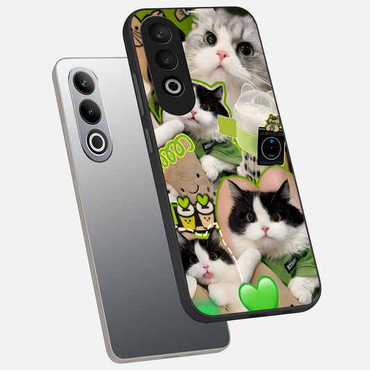 Matcha Cats Mood phone case For Oneplus Nord CE4 showing premium glass back cover with detailed artwork