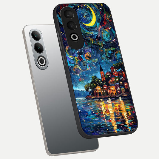Moonlight Harbor Glow phone case For Oneplus Nord CE4 showing premium glass back cover with detailed artwork
