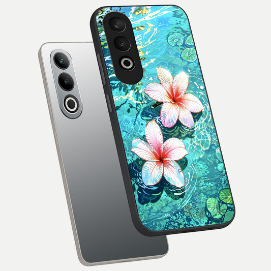 Pink Flowers in Water phone case For Oneplus Nord CE4 showing premium glass back cover with detailed artwork