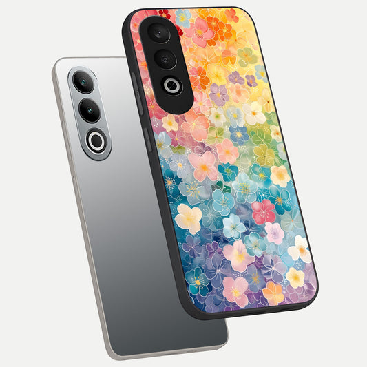 Rainbow Blossom Burst phone case For Oneplus Nord CE4 showing premium glass back cover with detailed artwork