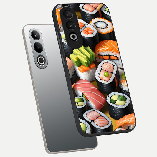 Sushi Food Pattern phone case For Oneplus Nord CE4 showing premium glass back cover with detailed artwork