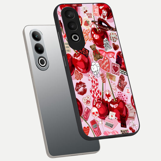 Sweet Cherry Chaos phone case For Oneplus Nord CE4 showing premium glass back cover with detailed artwork