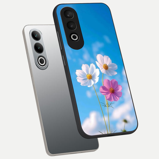 Tripple Flowers With Sky phone case For Oneplus Nord CE4 showing premium glass back cover with detailed artwork