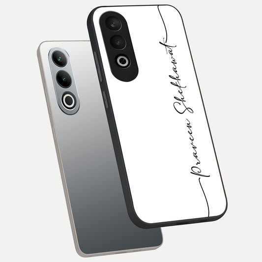 White Tune Custom Name phone case For Oneplus Nord CE4 showing premium custom name glass back cover