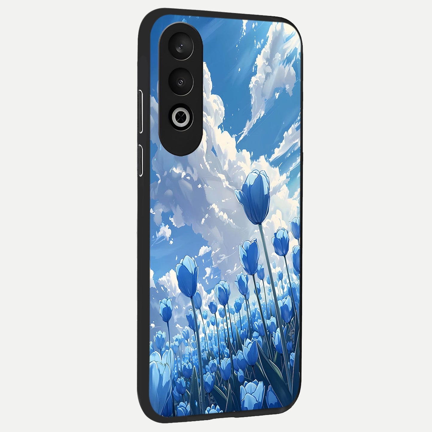 Blue Tulip Clouds back cover For Oneplus Nord CE4 slim fit glass case with vibrant aesthetic design