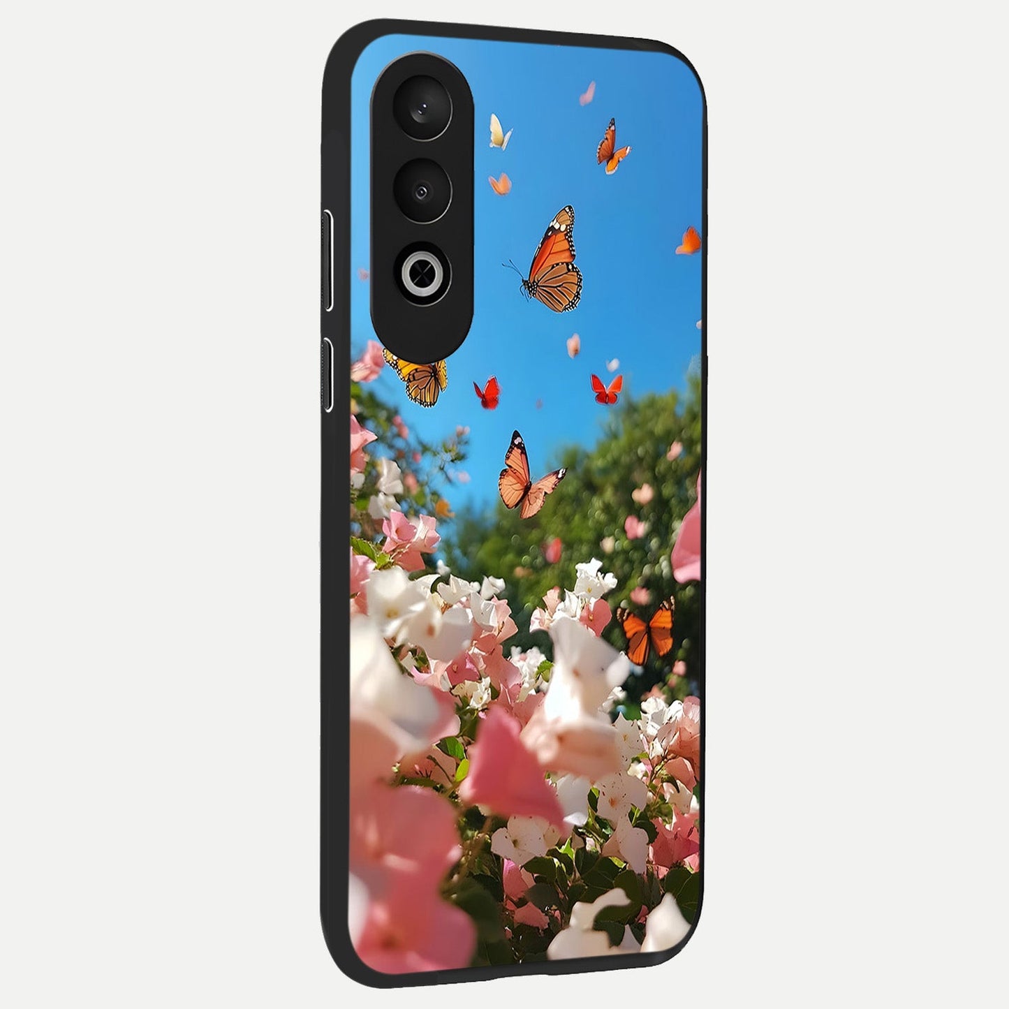 Butterflies In Bloom Sky back cover For Oneplus Nord CE4 slim fit glass case with vibrant aesthetic design
