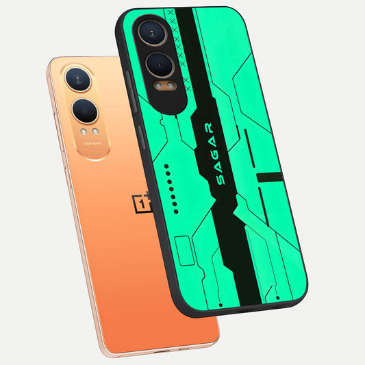 Aqua Tech CYBERPUNK Custom Name phone case For Oneplus Nord CE4 Lite showing premium glass back cover with detailed artwork