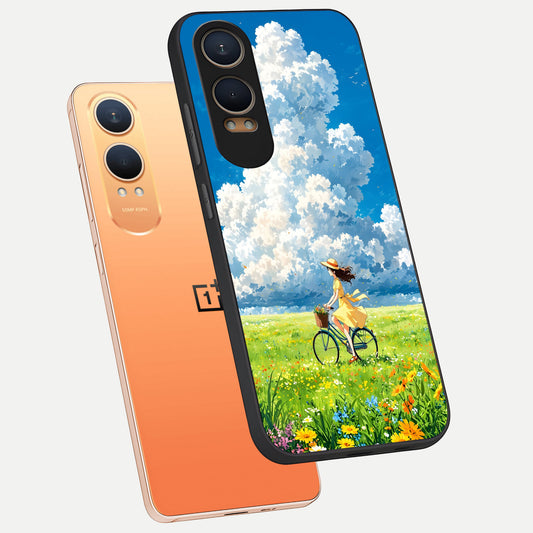 Breezy Meadow Ride phone case For Oneplus Nord CE4 Lite showing premium glass back cover with detailed artwork