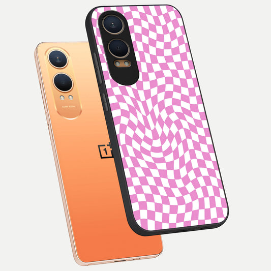 Bubblegum Check Wave phone case For Oneplus Nord CE4 Lite showing premium glass back cover with detailed artwork