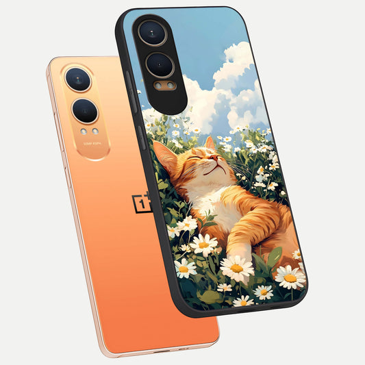 Cat And Flowers View phone case For Oneplus Nord CE4 Lite showing premium glass back cover with detailed artwork