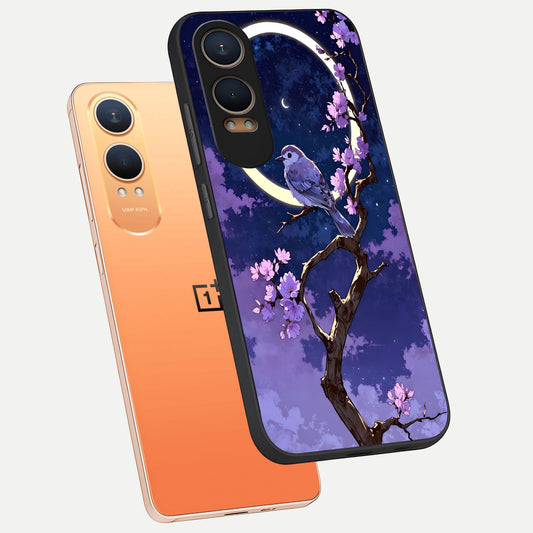 Celestial Bird Blossom phone case For Oneplus Nord CE4 Lite showing premium glass back cover with detailed artwork