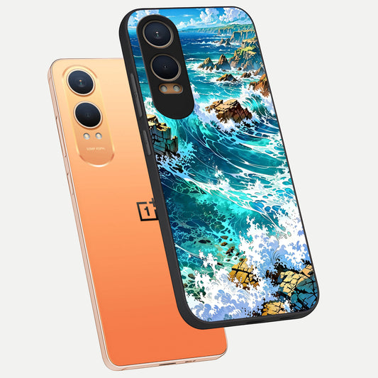 Coastal Blue Waves phone case For Oneplus Nord CE4 Lite showing premium glass back cover with detailed artwork