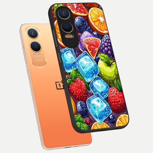 Colorful Fruits with Ice phone case For Oneplus Nord CE4 Lite showing premium glass back cover with detailed artwork