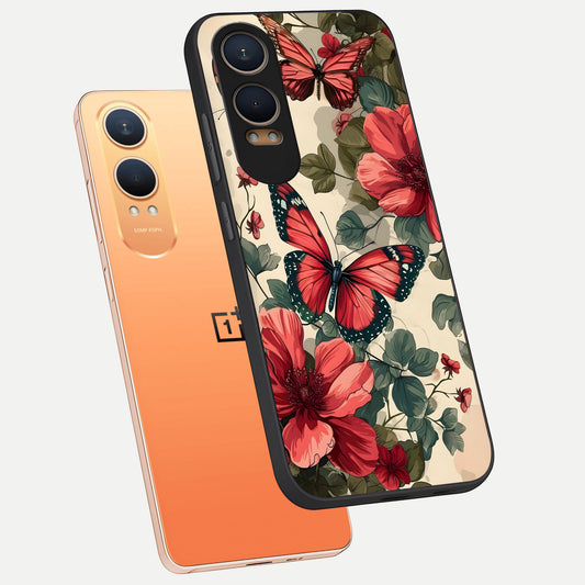 Crimson Butterfly Garden phone case For Oneplus Nord CE4 Lite showing premium glass back cover with detailed artwork