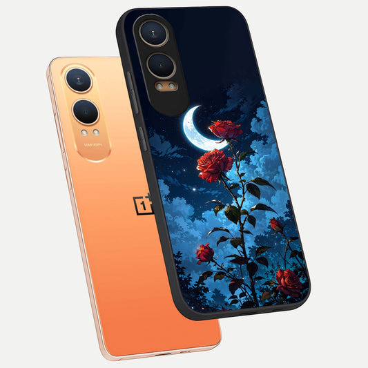 Crimson Rose Moon phone case For Oneplus Nord CE4 Lite showing premium glass back cover with detailed artwork