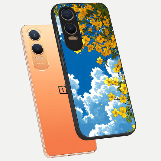 Golden Petal Sky phone case For Oneplus Nord CE4 Lite showing premium glass back cover with detailed artwork