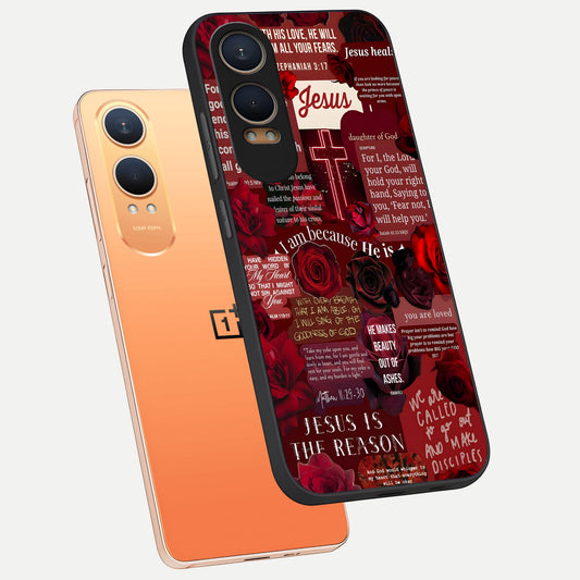 Jesus Love Heals phone case For Oneplus Nord CE4 Lite showing premium glass back cover with detailed artwork