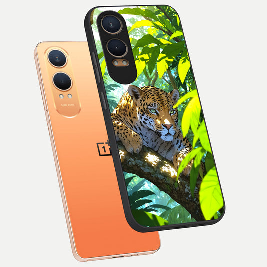 Leopard in Jungle phone case For Oneplus Nord CE4 Lite showing premium glass back cover with detailed artwork