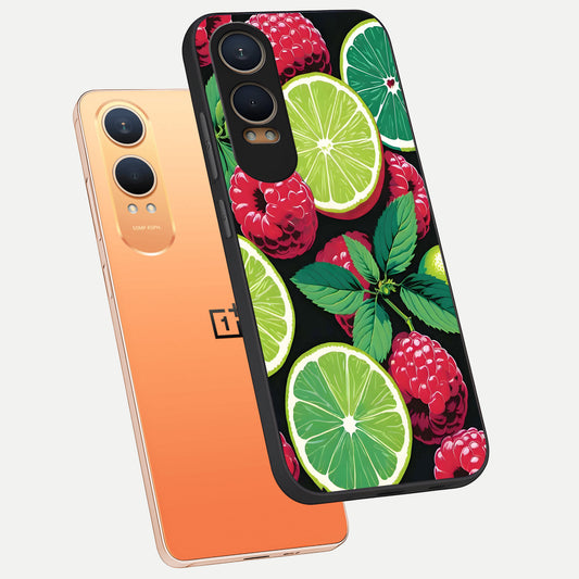 Lime and Raspberry Pattern phone case For Oneplus Nord CE4 Lite showing premium glass back cover with detailed artwork