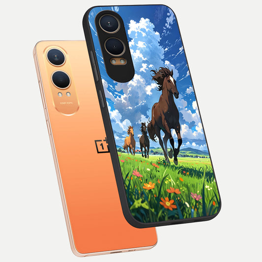 Majestic Horses Galloping phone case For Oneplus Nord CE4 Lite showing premium glass back cover with detailed artwork