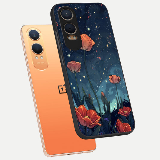 Midnight Tulip Glow phone case For Oneplus Nord CE4 Lite showing premium glass back cover with detailed artwork