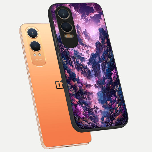 Mystic Cascade Peaks phone case For Oneplus Nord CE4 Lite showing premium glass back cover with detailed artwork