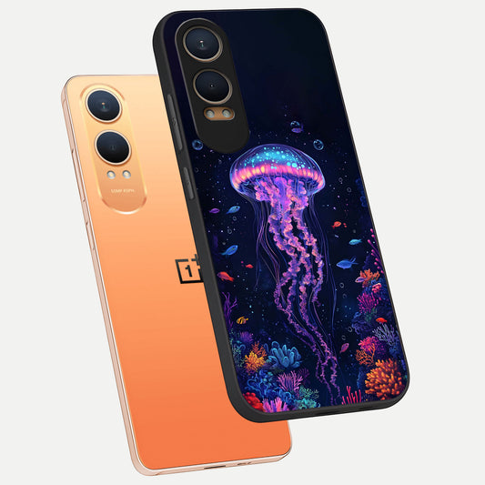 Neon Jellyfish phone case For Oneplus Nord CE4 Lite showing premium glass back cover with detailed artwork