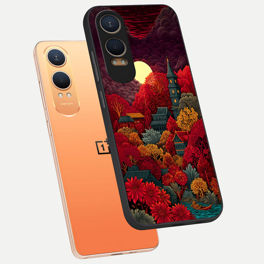 Scarlet Autumn Temple phone case For Oneplus Nord CE4 Lite showing premium glass back cover with detailed artwork