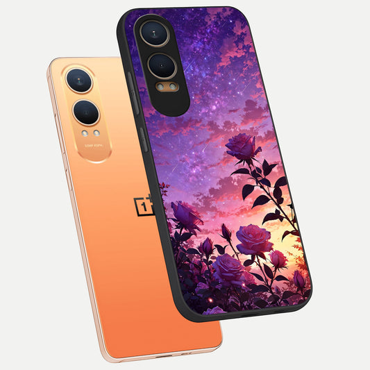 Starlit Rose Twilight phone case For Oneplus Nord CE4 Lite showing premium glass back cover with detailed artwork