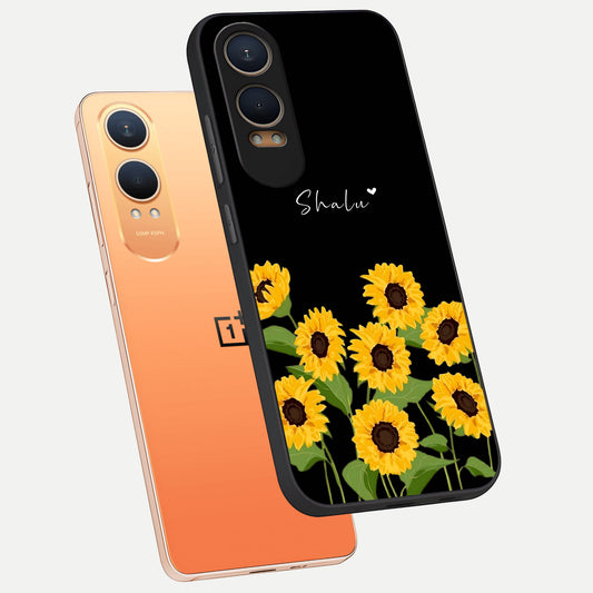 Sunflower Sky Bloom phone case For Oneplus Nord CE4 Lite showing premium glass back cover with detailed artwork