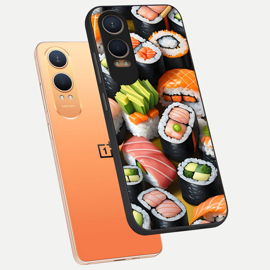 Sushi Food Pattern phone case For Oneplus Nord CE4 Lite showing premium glass back cover with detailed artwork