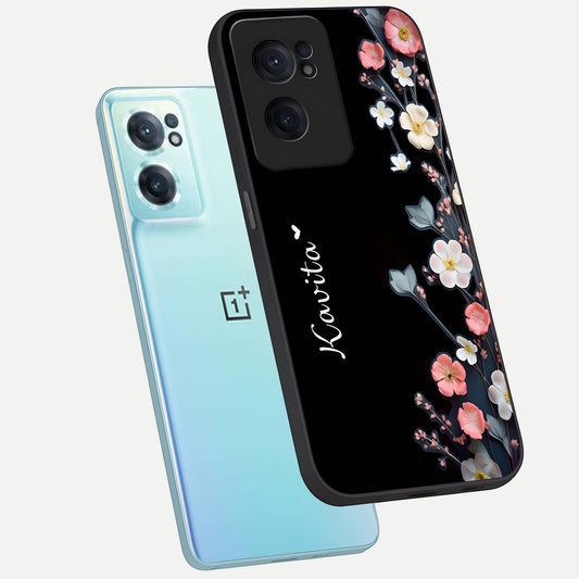 Black Elegance Floral Custom Name phone case For Oneplus Nord CE2 showing premium glass back cover with detailed artwork
