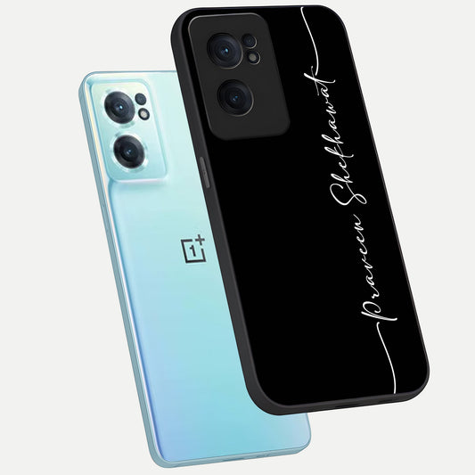 Black Tune Custom Name phone case For Oneplus Nord CE2 showing premium glass back cover with detailed artwork
