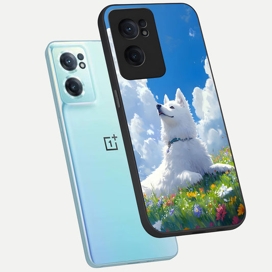 Blissful Cloud Pup phone case For Oneplus Nord CE2 showing premium glass back cover with detailed artwork