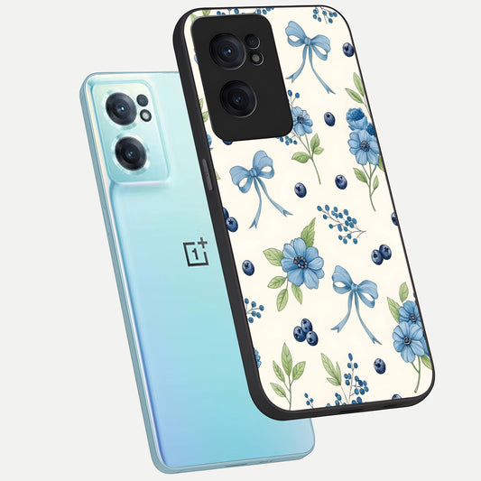 Blue Flower And Bow phone case For Oneplus Nord CE2 showing premium glass back cover with detailed artwork