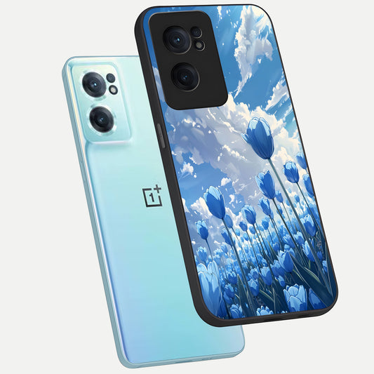 Blue Tulip Clouds phone case For Oneplus Nord CE2 showing premium glass back cover with detailed artwork