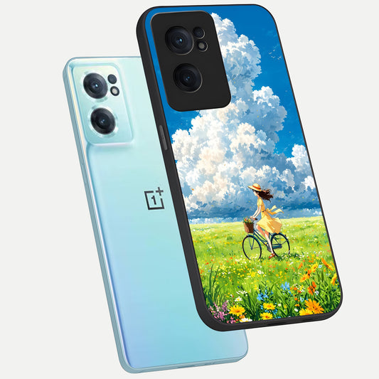 Breezy Meadow Ride phone case For Oneplus Nord CE2 showing premium glass back cover with detailed artwork