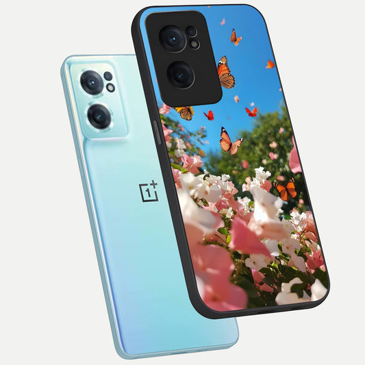 Butterflies In Bloom Sky phone case For Oneplus Nord CE2 showing premium glass back cover with detailed artwork
